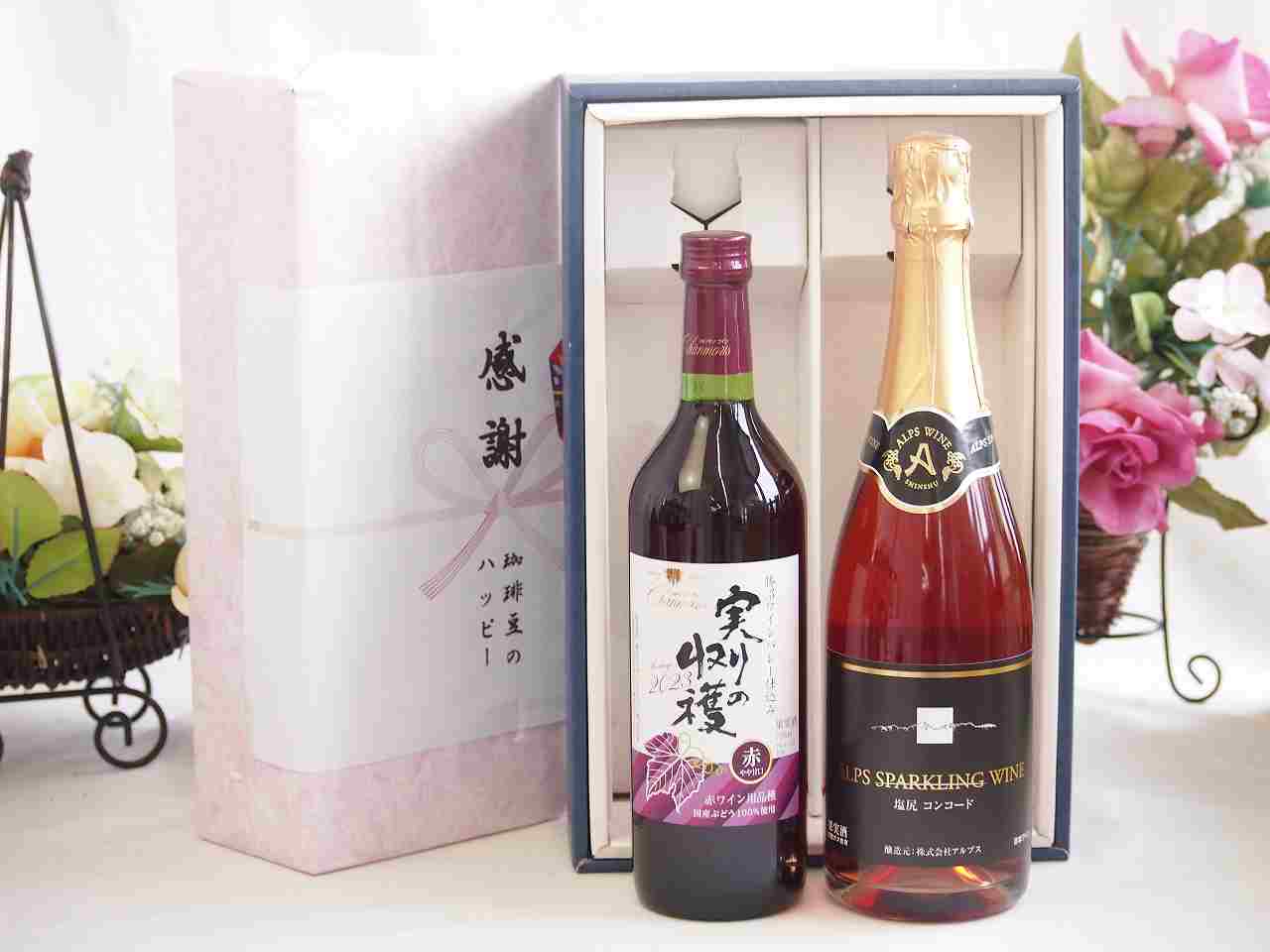 【最大2000円オフクーポン26日1:59迄】春の贈り物便り 感謝の贈り物ボックス 国産やや甘口赤ワインと国産ワインセット(塩尻コンコードスパークリングロゼワインやや甘口(長野県)720mlヴィンテージ実りの収穫 赤ワイン720ml