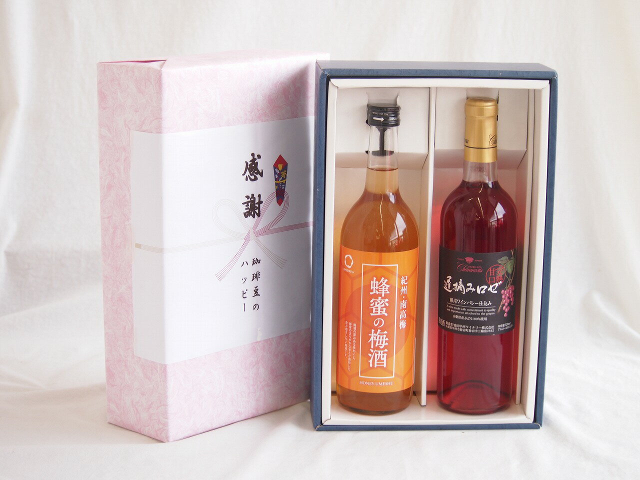 感謝の贈り物ボックス 和歌山産南高梅と国産蜂蜜の梅酒と国産ワインセット(遅摘みロゼ 完熟甘口ワイン 甘口(山梨県)720ml和歌山県 赤紫蘇の梅酒12度 720ml