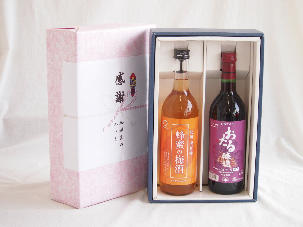 感謝の贈り物ボックス 和歌山産南高梅と国産蜂蜜の梅酒と国産ワインセット(おたる醸造 キャンベルアーリ赤ワイン 辛口(北海道)720ml和歌山県 赤紫蘇の梅酒12度 720ml