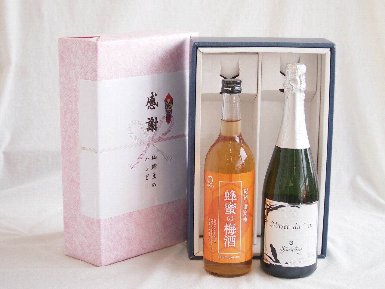 感謝の贈り物ボックス 和歌山産南高梅と国産蜂蜜の梅酒と国産ワインセット(MdV オアシス3 白スパークリングワイン辛口(長野県)750ml和..
