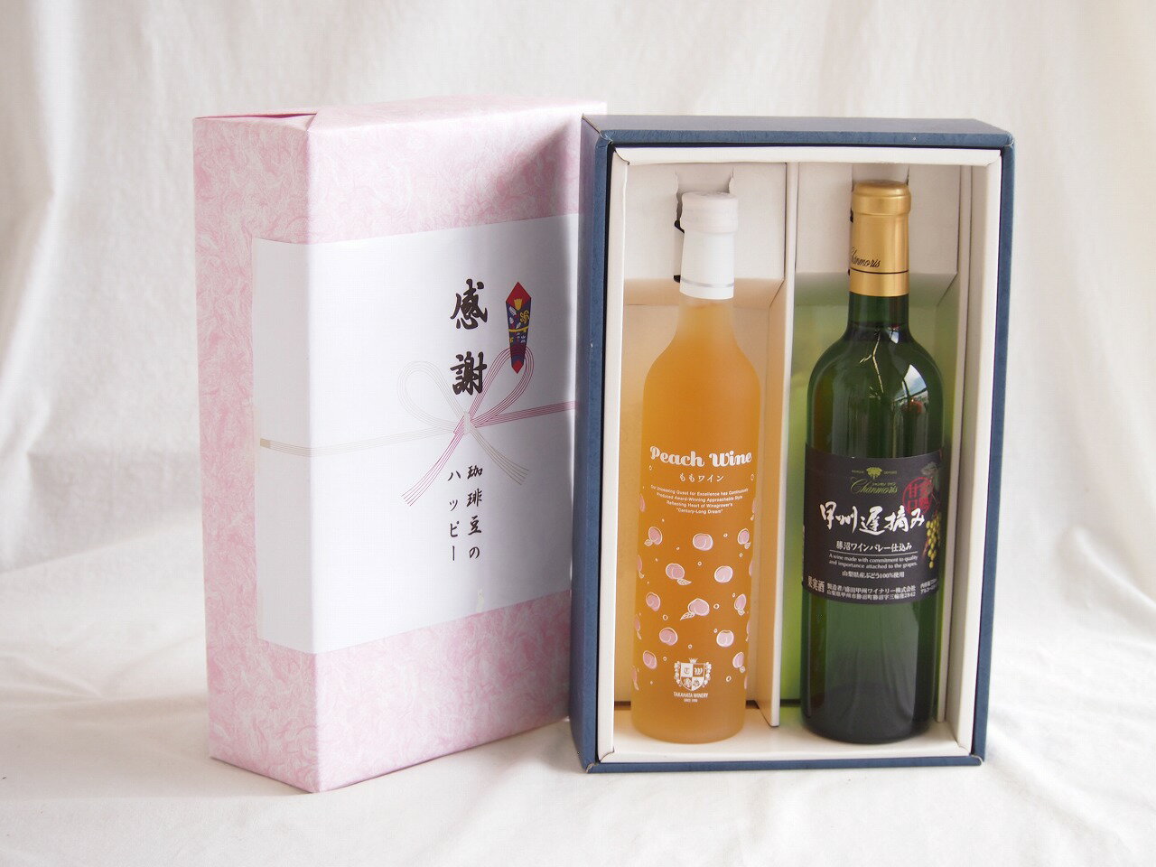 感謝の贈り物ボックス 白桃甘口フルーツワインと国産ワインセット(甲州遅摘み 白 完熟甘口ワイン 甘口(山梨県)720ml高畠もも甘口ワイン(山形県)500ml