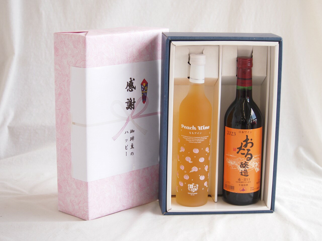 感謝の贈り物ボックス 白桃甘口フルーツワインと国産ワインセット(おたる醸造 赤ワイン 甘口(北海道)720ml高畠もも甘口ワイン(山形県)500ml