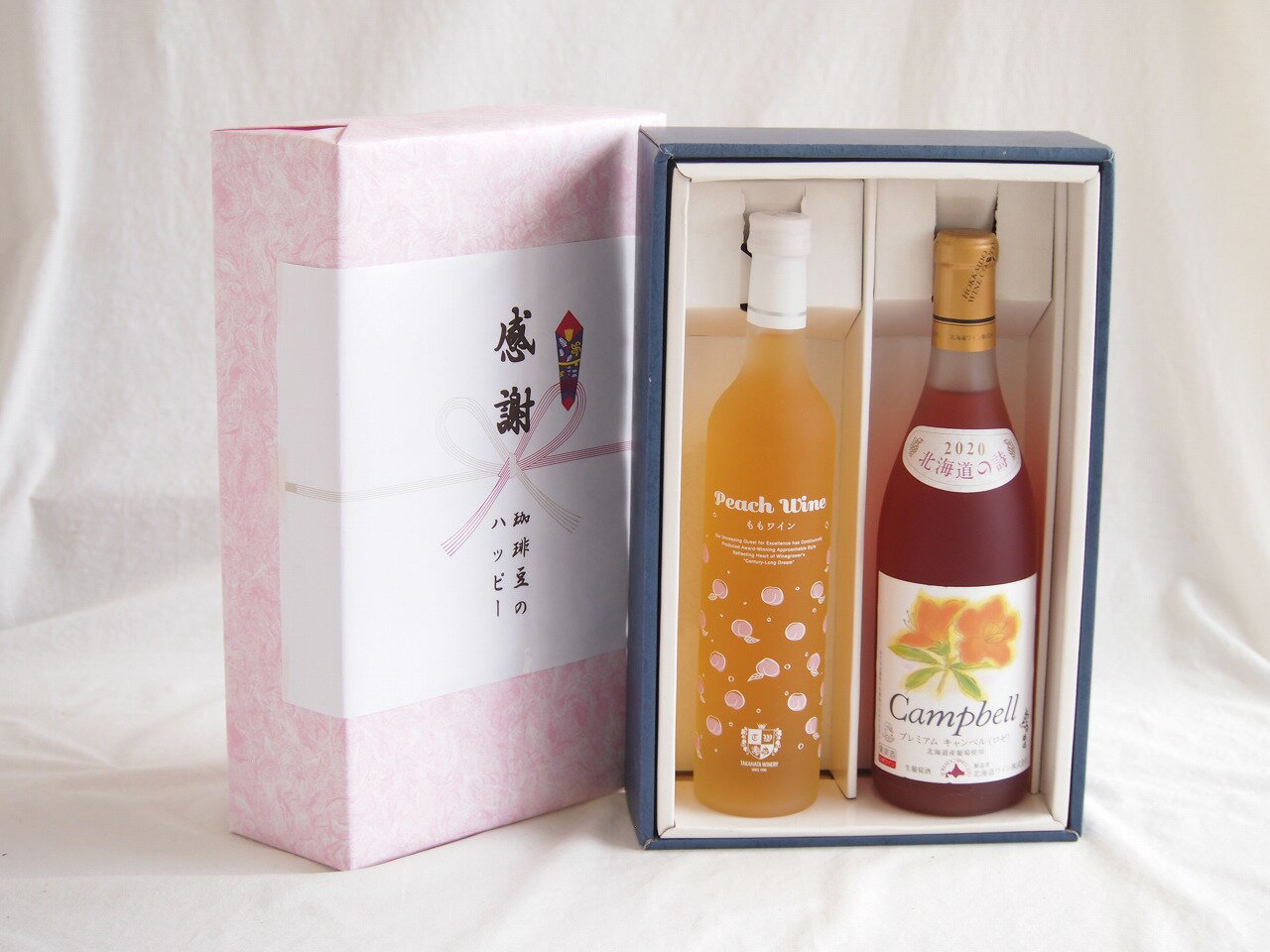 感謝の贈り物ボックス 白桃甘口フルーツワインと国産ワインセット(北海道の詩 プレミアムキャンベルロゼワイン 甘口(北海道)720ml高畠もも甘口ワイン(山形県)500ml