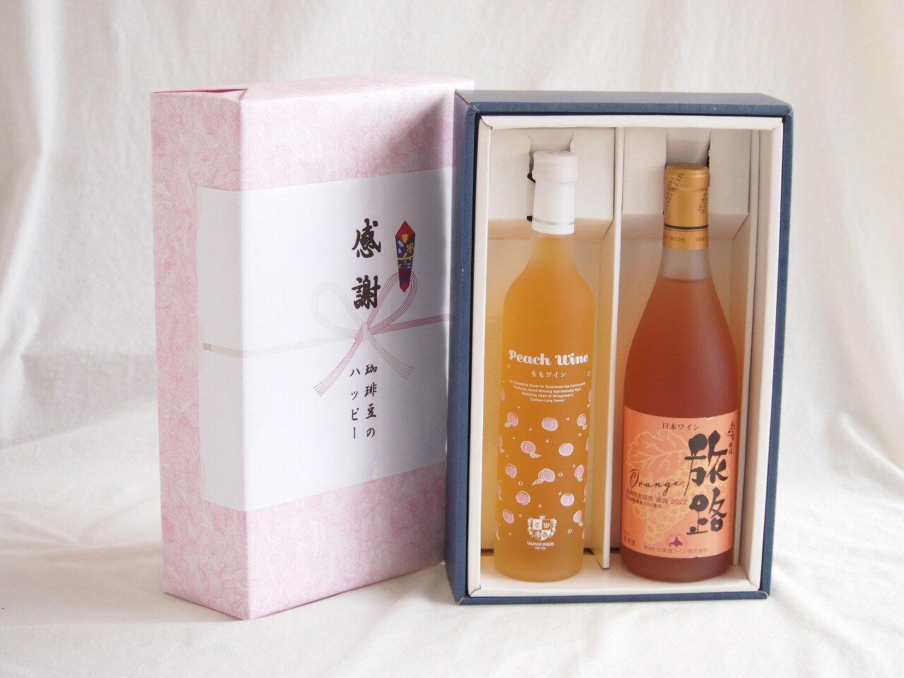感謝の贈り物ボックス 白桃甘口フルーツワインと国産ワインセット(おたる醸造 旅路orange 白ワイン やや辛口(北海道)720ml高畠もも甘口ワイン(山形県)500ml
