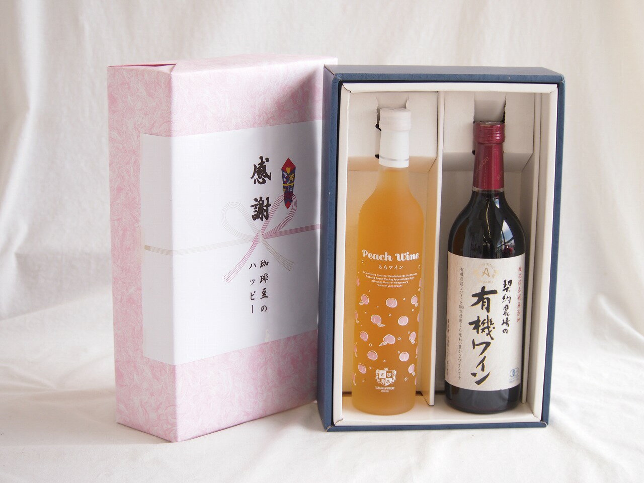 感謝の贈り物ボックス 白桃甘口フルーツワインと酸化防止剤無添加ワインセット(酸化防止剤無添加 契約農場の有機赤ワイン やや甘口(長野県)720ml高畠もも甘口ワイン(山形県)500ml