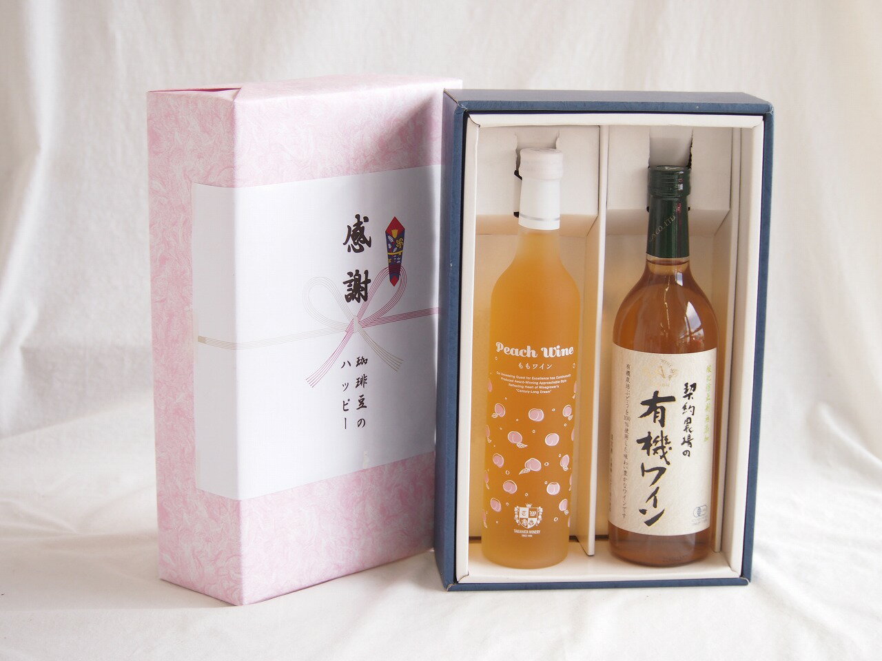感謝の贈り物ボックス 白桃甘口フルーツワインと酸化防止剤無添加ワインセット(酸化防止剤無添加 契約農場の有機白ワイン やや甘口(長野県)720ml高畠もも甘口ワイン(山形県)500ml