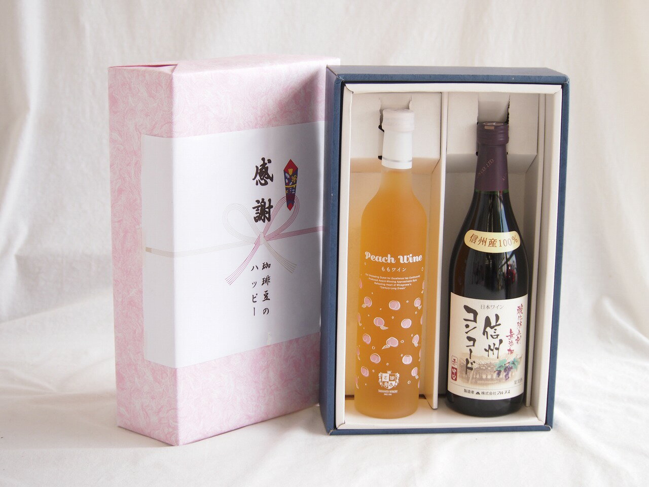 感謝の贈り物ボックス 白桃甘口フルーツワインと酸化防止剤無添加ワインセット(酸化防止剤無添加 信州コンコード赤ワイン 中口(長野県)720ml高畠もも甘口ワイン(山形県)500ml