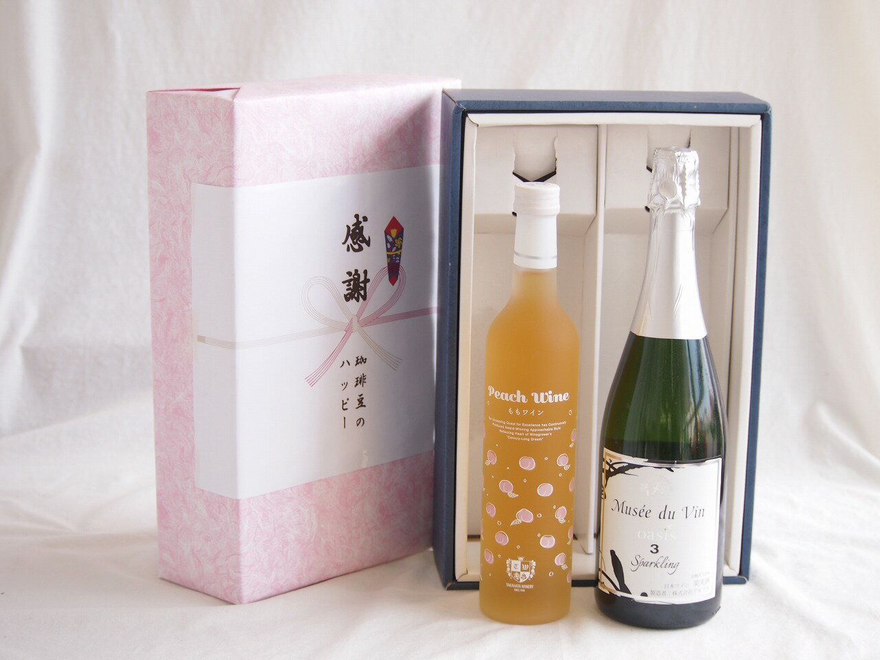 感謝の贈り物ボックス 白桃甘口フルーツワインと国産ワインセット(MdV オアシス3 白スパークリングワイン辛口(長野県)750ml高畠もも甘口ワイン(山形県)500ml