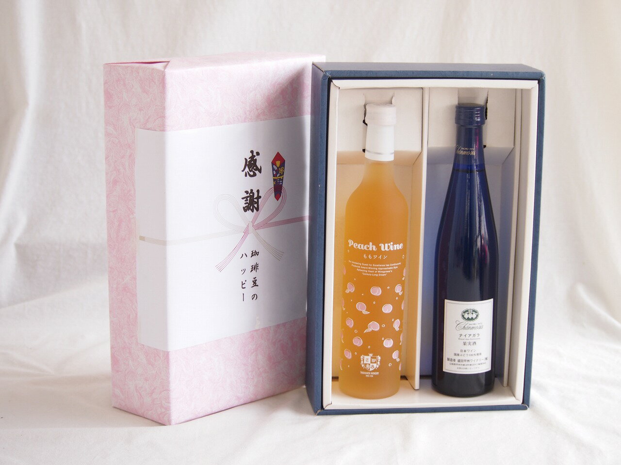 感謝の贈り物ボックス 白桃甘口フルーツワインと国産ワインセット(シャンモリナイアガラ白ワイン (山梨県)500ml高畠もも甘口ワイン(山形県)500ml