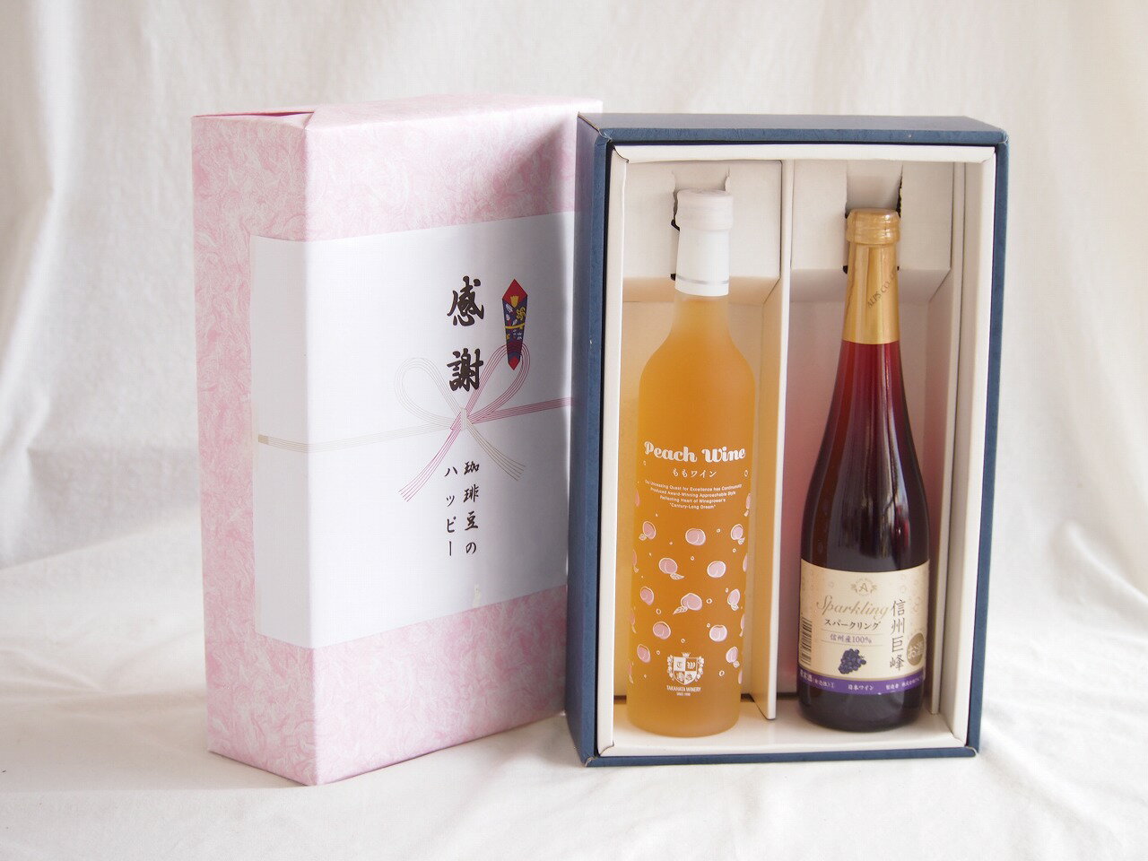 感謝の贈り物ボックス 白桃甘口フルーツワインと国産ワインセット(信州巨峰スパークリングワイン やや甘口(長野県)500ml高畠もも甘口ワイン(山形県)500ml