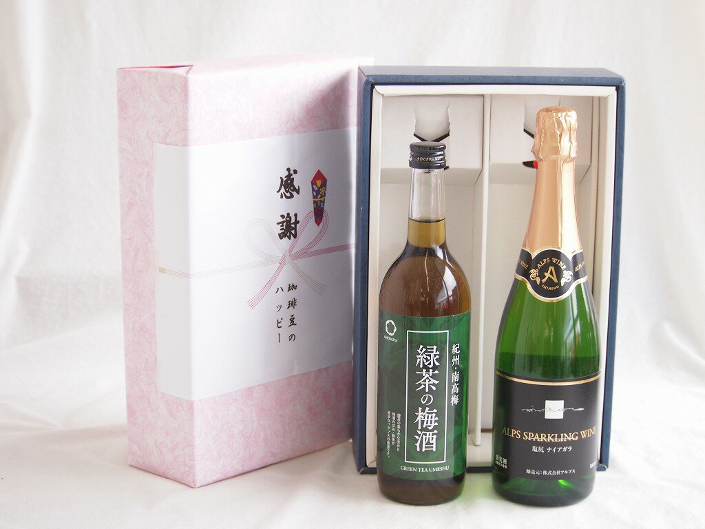 感謝の贈り物ボックス 絶妙に融合した緑茶の梅酒と国産ワインセット(塩尻ナイアガラスパークリング白ワ..