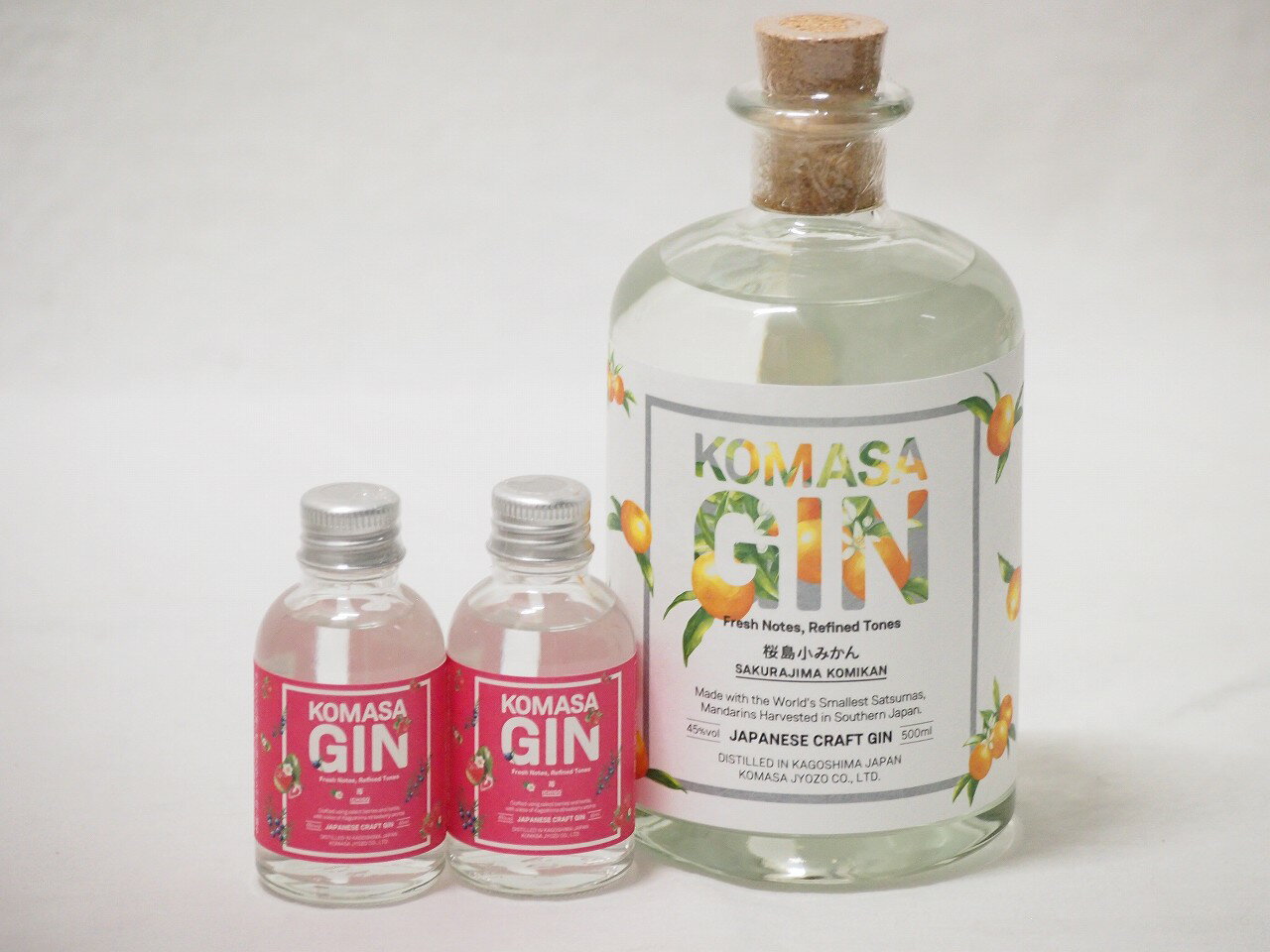 鹿児島県産の茶葉3本セット(ジンKOMASA-GIN 桜島小みかん 45%vol ミニチュアジンKOMASA-GIN 苺 45%vol) 500ml×1本 45ml×2本