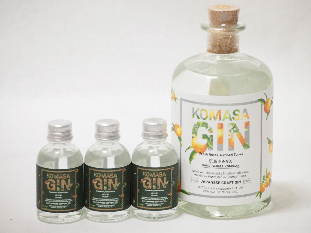 鹿児島県産の茶葉4本セット(ジンKOMASA-GIN 桜島小みかん 45%vol ミニチュアジンKOMASA-GIN ほうじ茶 45%vol) 500ml×1本 45ml×3本