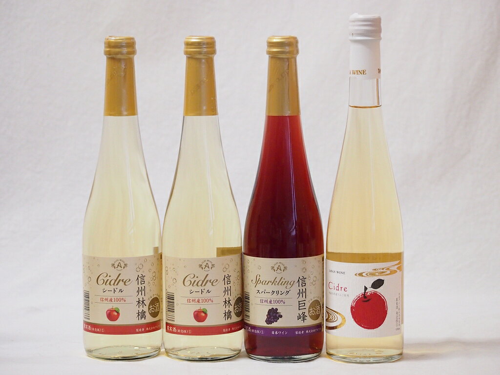 国産甘口ワイン4本セット 信州産100%林檎×2本 信州産100%巨峰 Cidre 計500ml×4本