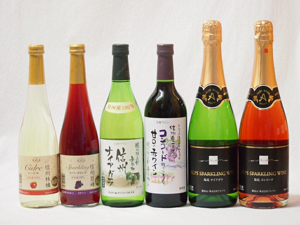 【最大2000円オフクーポン11日1:59迄】国産100％長野県信州産ワイン6本セット コンコード甘口赤 信州ナイアガラ白 ナイアガラスパークリング白 コンコードスパークリングロゼ720ml×4本 林檎シードル 巨峰スパークリング500ml×2本