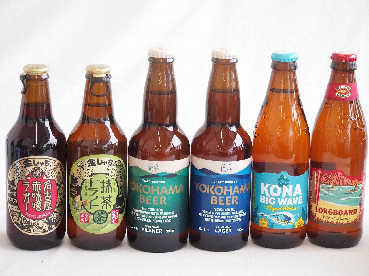 地域が生んだクラフトビール6本セット(金しゃちビール抹茶ドラフトalc6％(愛知県) 金しゃちビール名古屋赤味噌ラガーalc6％(愛知県) 横浜ビール ピルスナーalc5.5％(神奈川県) 横浜ビール ラガーalc5％(神奈川県) ロングボードアイランド