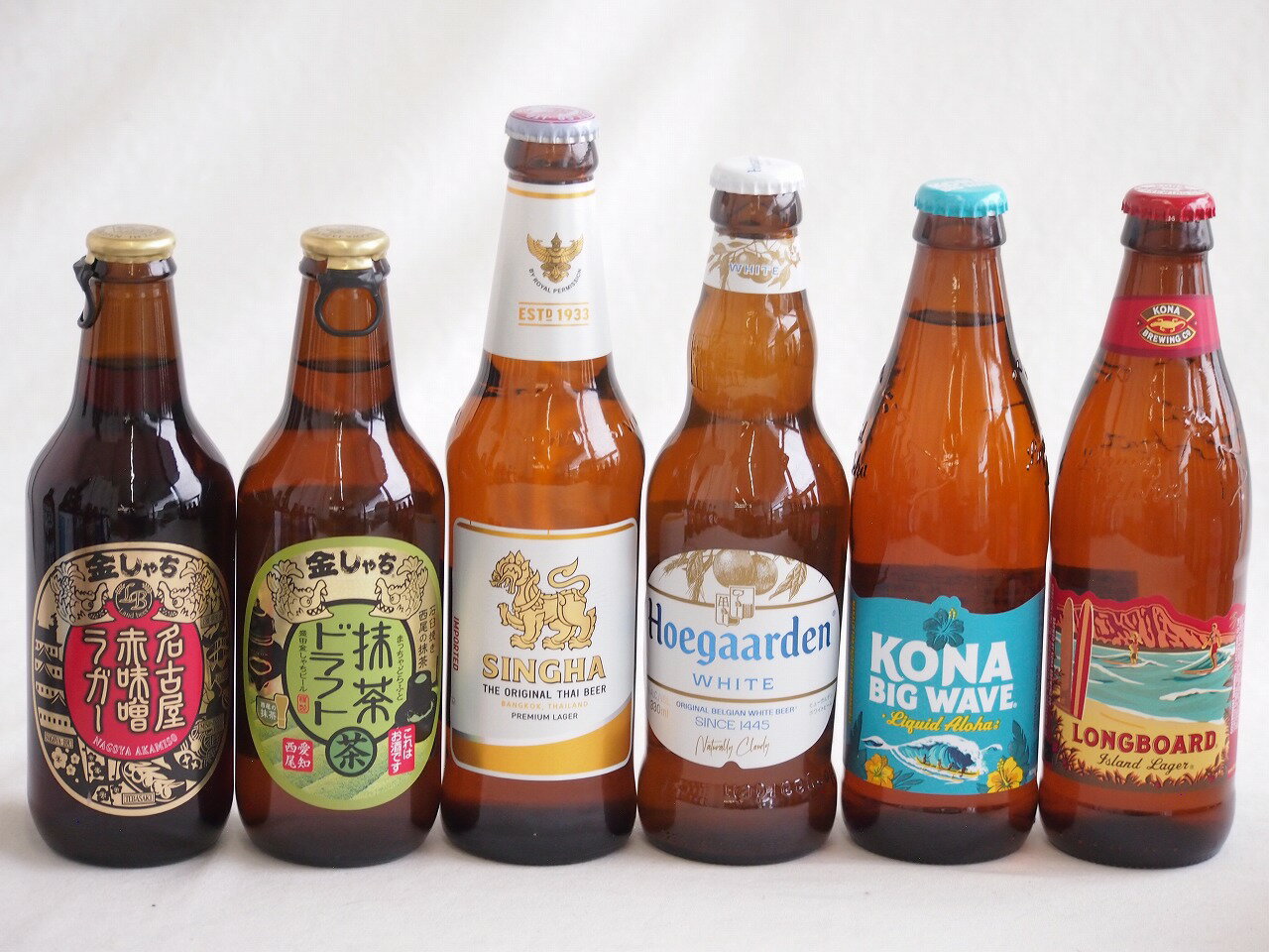 地域が生んだクラフトビール6本セット(金しゃちビール抹茶ドラフトalc6％(愛知県) 金しゃちビール名古屋赤味噌ラガーalc6％(愛知県) ヒューガルデンホワイトalc5％(韓国) シンハー(SINGHA)alc5％(タイ) ロングボードアイランドラガー