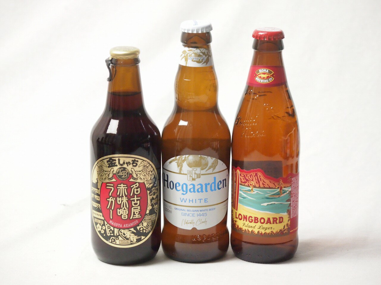 地域が生んだクラフトビール3本セット(金しゃちビール名古屋赤味噌ラガーalc6%(愛知県) ヒューガルデンホワイトalc5%(韓国) ロングボードアイランドラガーalc4.5%(アメリカ)) 330ml×2本 355ml×1本