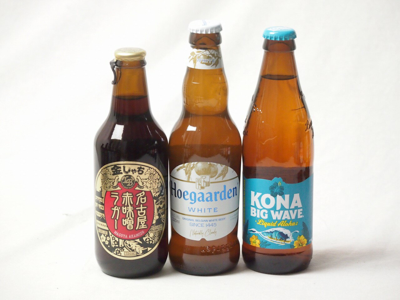 地域が生んだクラフトビール3本セット(金しゃちビール名古屋赤味噌ラガーalc6％(愛知県) ヒューガルデンホワイトalc5％(韓国) ビッグウェーブゴールデンエールalc4.5％(アメリカ)) 330ml×2本 355ml×1本
