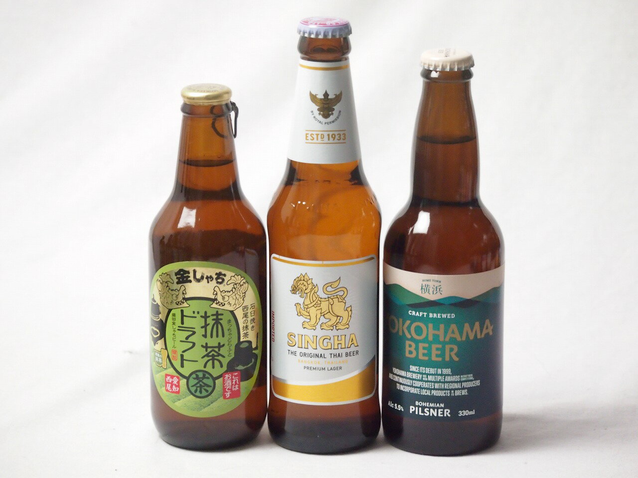 地域が生んだクラフトビール3本セット(金しゃちビール抹茶ドラフトalc6％(愛知県) 横浜ビール ピルスナーalc5.5％(神奈川県) シンハー(SINGHA)alc5％(タイ)) 330ml×3本