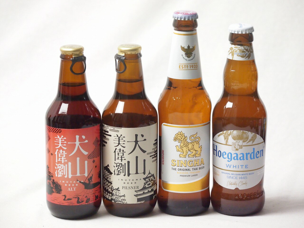 地域が生んだクラフトビール4本セット(金しゃちビール 犬山美偉瀏ピルスナーalc5％(愛知県) 金しゃちビール 犬山美偉瀏アルトalc5％(愛知県) ヒューガルデンホワイトalc5％(韓国) シンハー(SINGHA)alc5％(タイ)) 330ml×4本