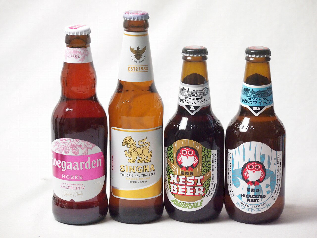 地域が生んだクラフトビール4本セット(常陸野 アンバーエールalc6％(茨城県) 常陸野 ホワイトエールalc5.5％(茨城県) ヒューガルデンロゼalc3％(韓国) シンハー(SINGHA)alc5％(タイ)) 330ml×4本