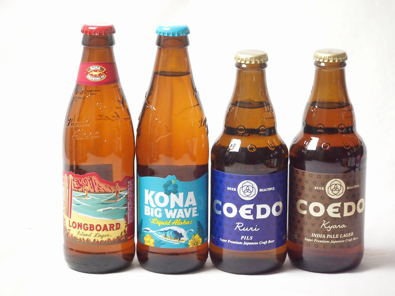 地域が生んだクラフトビール4本セット(コエド ルリalc5.5％(埼玉県) コエド キャラalc5％(埼玉県) ロングボードアイランドラガーalc4.5％(アメリカ) ビッグウェーブゴールデンエールalc4.5％(アメリカ)) 333ml×2本 355m