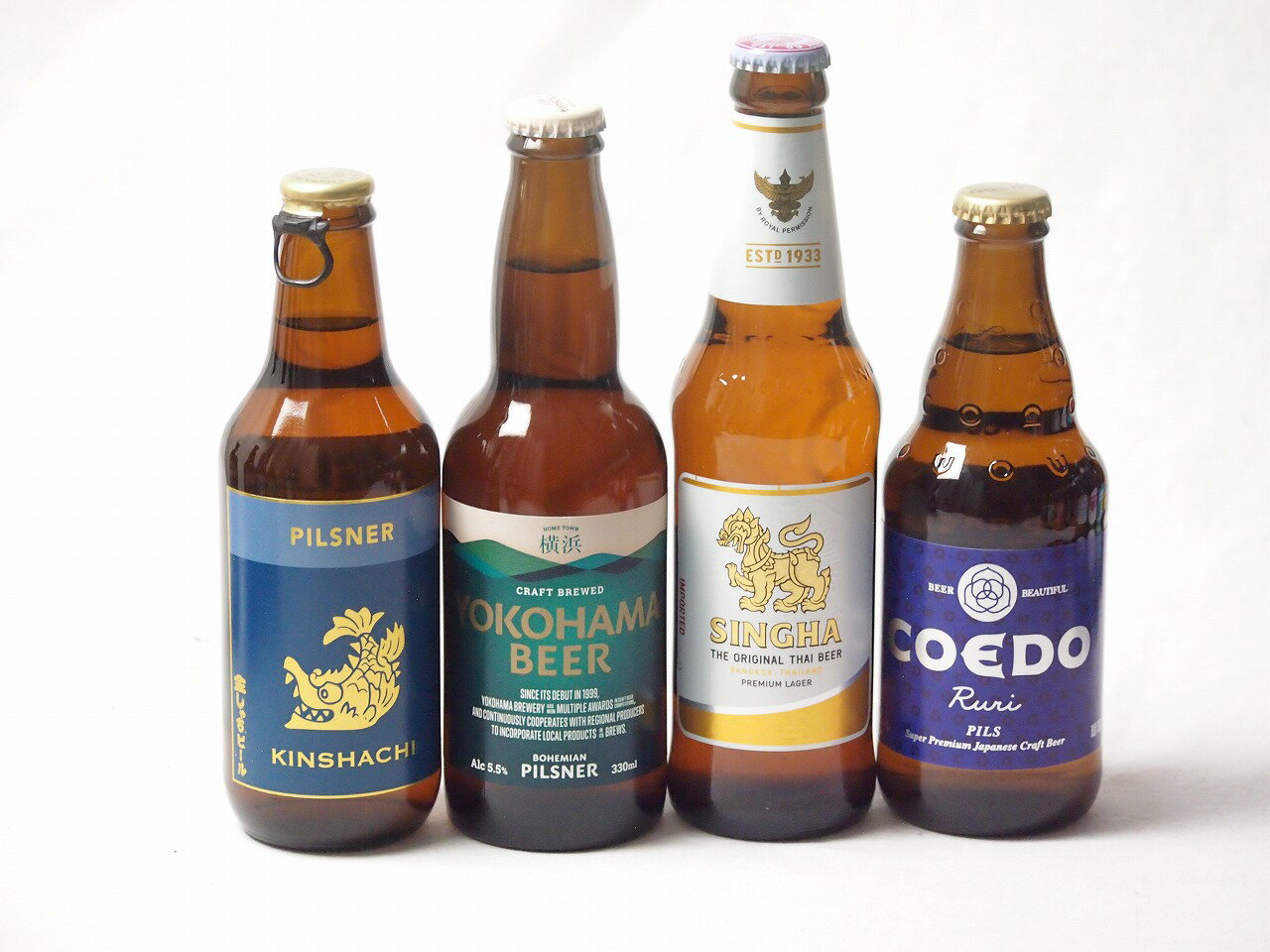 地域が生んだクラフトビール4本セット(金しゃちビールピルスナーalc5％(愛知県) コエド ルリalc5.5％(埼玉県) 横浜ビール ピルスナーalc5.5％(神奈川県) シンハー(SINGHA)alc5％(タイ)) 330ml×3本 333ml×1本