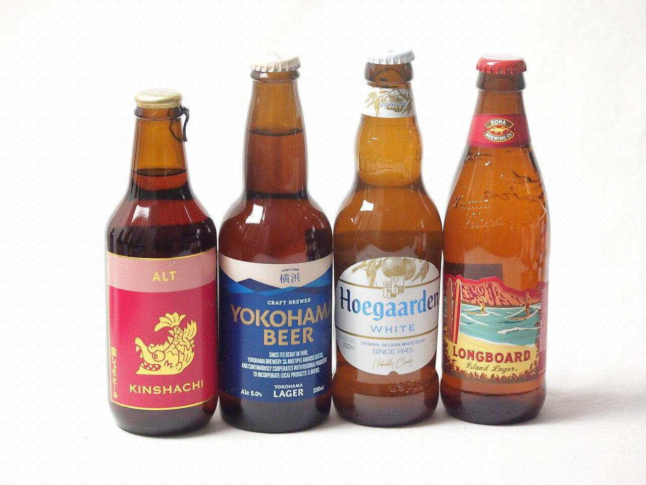 地域が生んだクラフトビール4本セット(金しゃちビール金鯱アルトalc5％(愛知県) 横浜ビール ラガーalc5％(神奈川県) ヒューガルデンホワイトalc5％(韓国) ロングボードアイランドラガーalc4.5％(アメリカ)) 330ml×3本 355ml