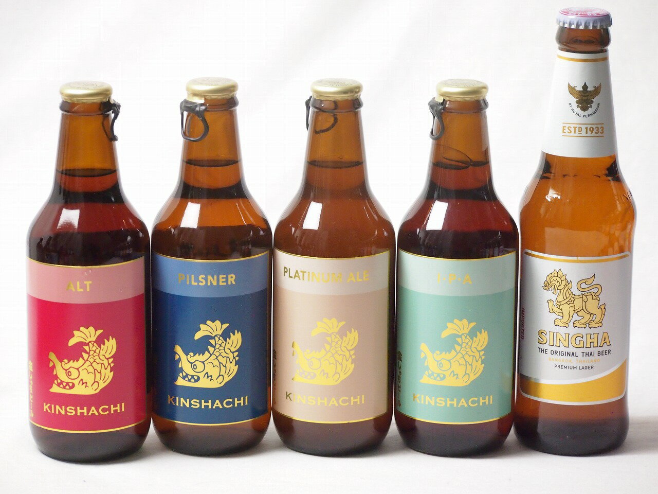 地域が生んだクラフトビール5本セット(金しゃちビールプラチナエールalc5%(愛知県) 金しゃちビールピルスナーalc5%(愛知県) 金しゃちビールIPAalc7%(愛知県) 金しゃちビール金鯱アルトalc5%(愛知県) シンハー(SINGHA)alc5