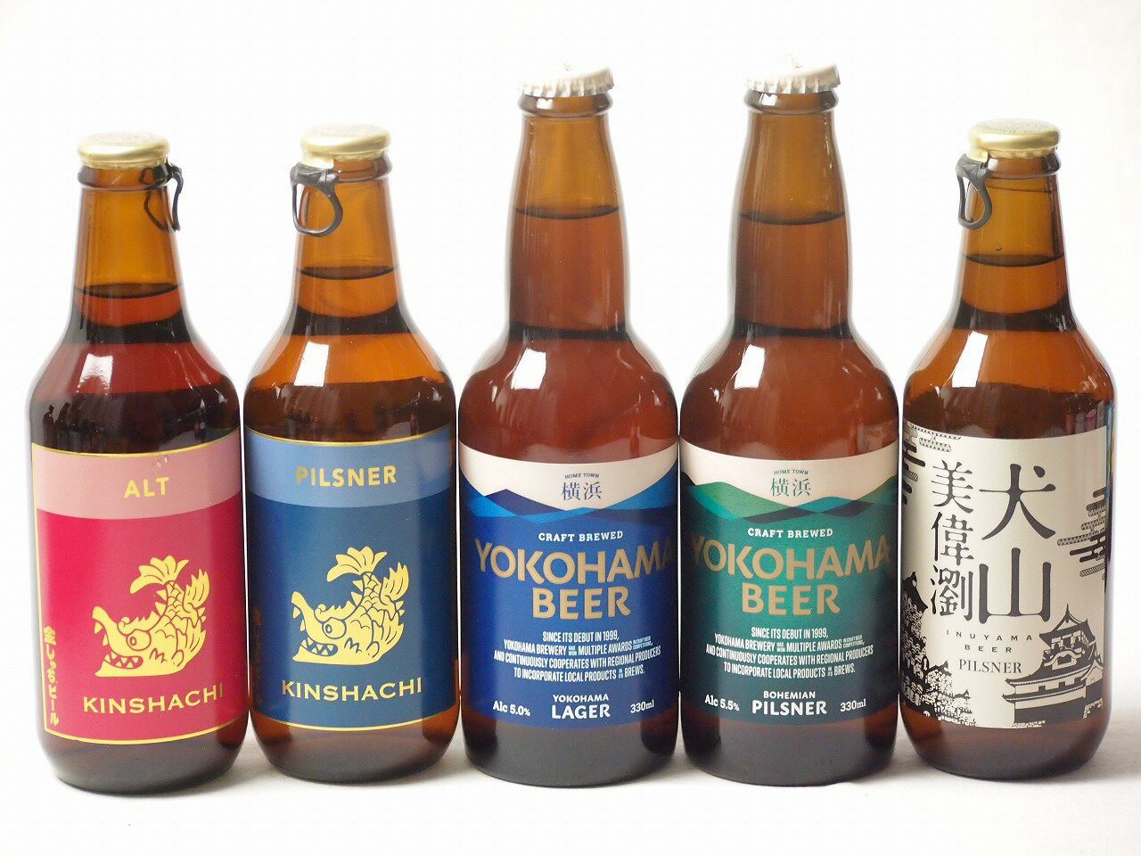 地域が生んだクラフトビール5本セット(金しゃちビールピルスナーalc5％(愛知県) 金しゃちビール金鯱アルトalc5％(愛知県) 金しゃちビール 犬山美偉瀏ピルスナーalc5％(愛知県) 横浜ビール ピルスナーalc5.5％(神奈川県) 横浜ビール ラガ