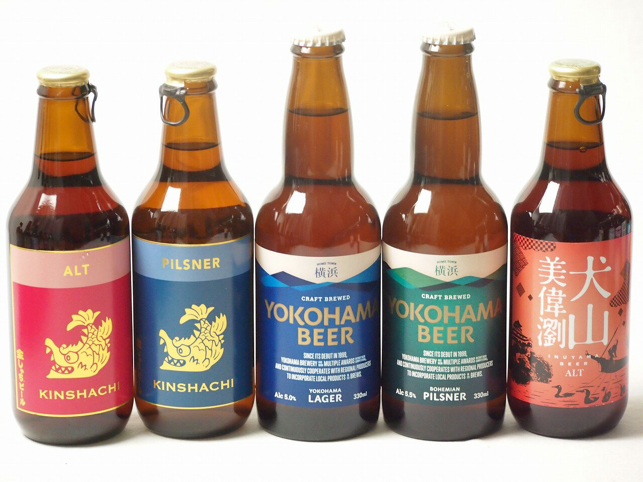 地域が生んだクラフトビール5本セット(金しゃちビールピルスナーalc5％(愛知県) 金しゃちビール金鯱アルトalc5％(愛知県) 金しゃちビール 犬山美偉瀏アルトalc5％(愛知県) 横浜ビール ピルスナーalc5.5％(神奈川県) 横浜ビール ラガーa