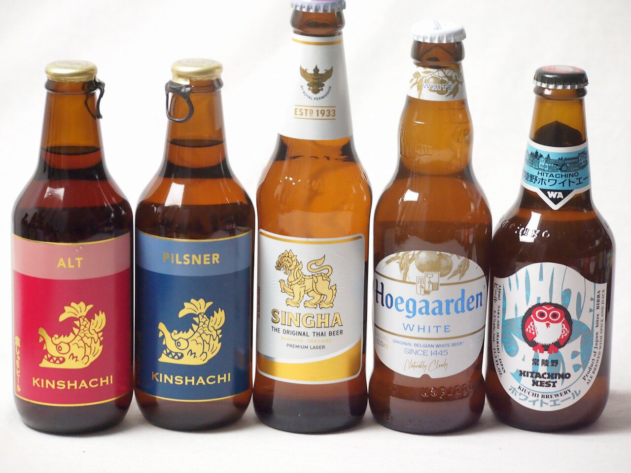 地域が生んだクラフトビール5本セット(金しゃちビールピルスナーalc5％(愛知県) 金しゃちビール金鯱アルトalc5％(愛知県) 常陸野 ホワイトエールalc5.5％(茨城県) ヒューガルデンホワイトalc5％(韓国) シンハー(SINGHA)alc5％