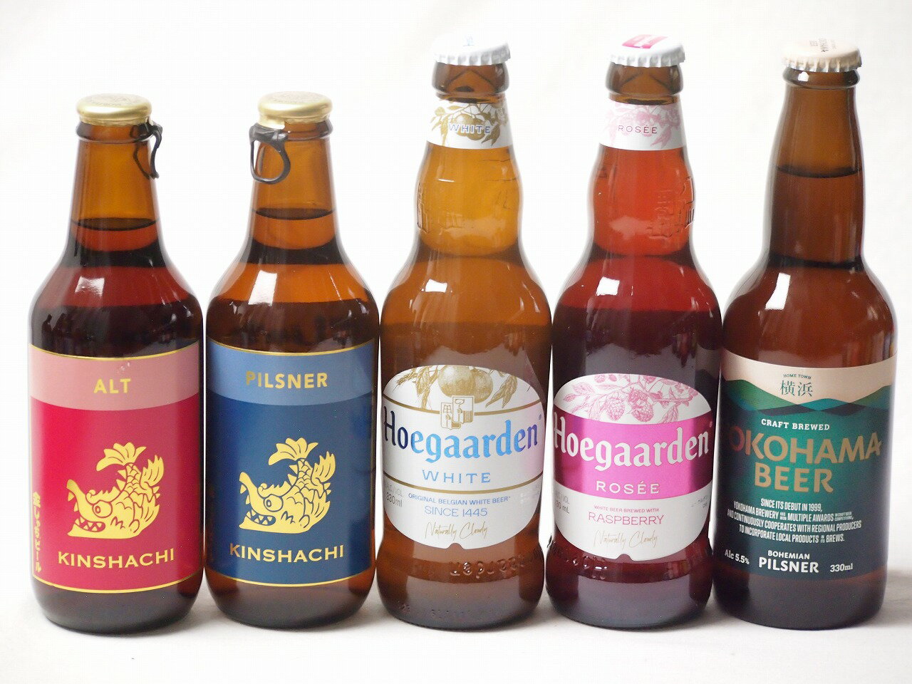 地域が生んだクラフトビール5本セット(金しゃちビールピルスナーalc5％(愛知県) 金しゃちビール金鯱アルトalc5％(愛知県) 横浜ビール ピルスナーalc5.5％(神奈川県) ヒューガルデンホワイトalc5％(韓国) ヒューガルデンロゼalc3％(韓