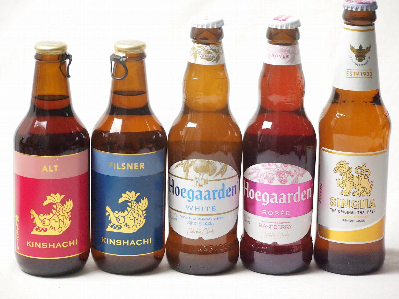 地域が生んだクラフトビール5本セット(金しゃちビールピルスナーalc5％(愛知県) 金しゃちビール金鯱アルトalc5％(愛知県) ヒューガルデンホワイトalc5％(韓国) ヒューガルデンロゼalc3％(韓国) シンハー(SINGHA)alc5％(タイ))