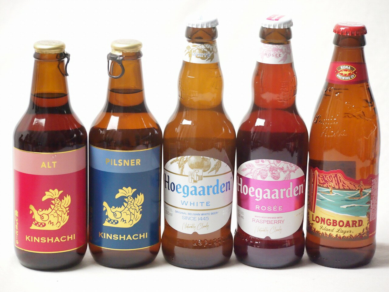 地域が生んだクラフトビール5本セット(金しゃちビールピルスナーalc5％(愛知県) 金しゃちビール金鯱アルトalc5％(愛知県) ヒューガルデンホワイトalc5％(韓国) ヒューガルデンロゼalc3％(韓国) ロングボードアイランドラガーalc4.5％(