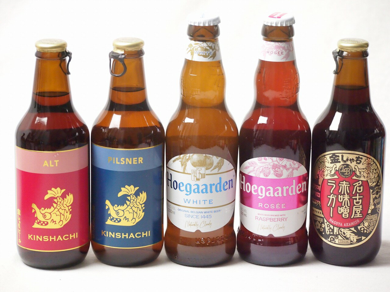 地域が生んだクラフトビール5本セット(金しゃちビールピルスナーalc5%(愛知県) 金しゃちビール名古屋赤味噌ラガーalc6%(愛知県) 金しゃちビール金鯱アルトalc5%(愛知県) ヒューガルデンホワイトalc5%(韓国) ヒューガルデンロゼalc3