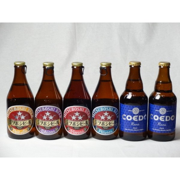 【商品名】クラフトビールパーティ6本セット　コエドRuri333ml×2本　ミツボシヴァイツェン330ml　ミツボシウィンナスタイルラガー330ml　ミツボシピルスナー330ml　ミツボシペールエール330ml【内容】●ミツボシヴァイツェン330ml(愛知県) ドイツ・バイエルン地方発祥の伝統的な上面発酵ビール。原料麦芽に小麦麦芽を50%程度使用し、酵母由来のクローブやバナナのような魅力的な香味、柔らかな口当たりが特徴。原料となる麦芽とホップも100％ドイツ産を使用しクラシカルな味わいの中に上品な金しゃちビールらしさを織り込んだこだわりの逸品。 ■アルコール度数：5.5％●コエドRuri333ml(埼玉県)　 黄金色。ホップの苦み香味のバランス、麦の旨味をスッキリと。クリアな黄金色と白く柔らかな泡のコントラストが美しい繊細な日本スタイルのピルスナー。さわやかですっきりとした飲み口ながらも、ホップの香味と苦みのバランスがとれた、飽きのこない深みのある上品な味わい。●ミツボシピルスナー330ml(愛知県) 麦芽はすべてドイツ産、ホップはチェコ産ファインアロマホップとドイツ産アロマホップのみを使用、とことんまで原材料にこだわりました。また、大手ビールメーカでも1社しか採用していない「ダブルデコクション法」を採用。低温でじっくり発酵を行い、熟成期間も通常の1.5倍の期間で丹念に仕上げています。 ■アルコール度数：5.5％●ミツボシペールエール330ml(愛知県) 麦芽とホップはすべて英国産。麦芽には希少品種マリスオッター種、ホップも世界的に希少なアロマホップを使用した希少性の高い逸品。いくぶんドライで、キレのあるクラシカルな味わいに仕上げました。 ■アルコール度数：5.0％●ミツボシウィンナスタイルラガー330ml(愛知県) 麦芽は旨味成分に富んだ麦芽を贅沢に使用し、マイルドなコクを表現。ホップには欧州産のアロマホップを使用。はっきりとしたボディー感にモルトの香味が広がる、リッチな味わいのラガーです。歴史的な背景から発祥地ウィーンでも造られなくなってしまった希少なスタイルを復活させました。 ■アルコール度数：6.0％