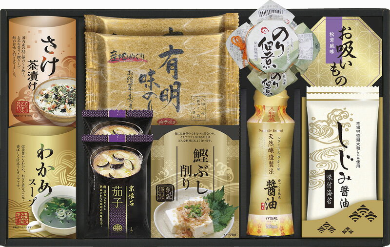 冬の贈り物お歳暮 白子のり&マルコメ和風詰合せ 白子有明味のり・しじみ醤油味付海苔（各8切8枚）・マルコメ京懐石茄子のおみそ汁（11.5g）×各2、伊賀越天然醸造しょうゆ（200ml）・島の香のり佃煮（80g）・わかめスープ（5.3g×2袋）・さけ茶漬け（4.7g×2袋）