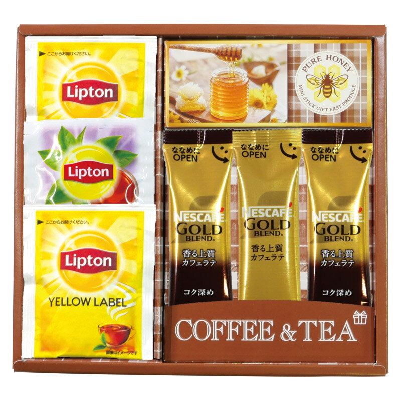 Rakuten - 夏の贈り物お中元 ネスカフェ・リプトン・はちみつギフト セット内容/リプトン紅茶（イエローラベル）（2g）×2、ネスカフェ ゴールドブレンド（カフェラテ）（7g）×1・（コク深め）（7g）×2・リプトン紅茶（ダージリン）（2g）・純粋はちみつ（15g）