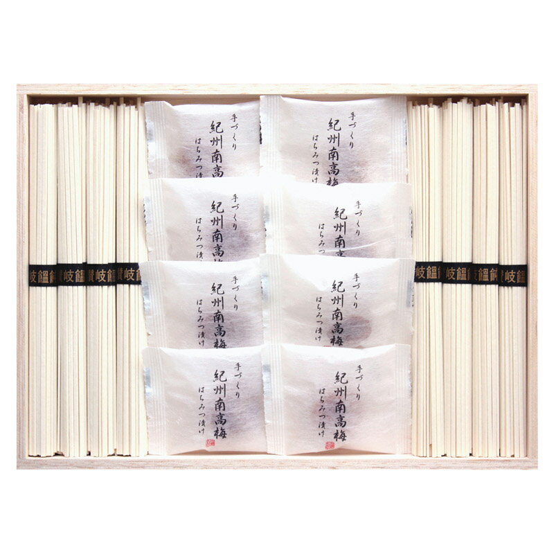 【最大2000円オフクーポン27日1:59迄】夏の贈り物お中元 紀州南高梅・讃岐うどん詰合せ（木箱入） セット内容/紀州南高梅はちみつ漬け・讃岐うどん（50g）×各8