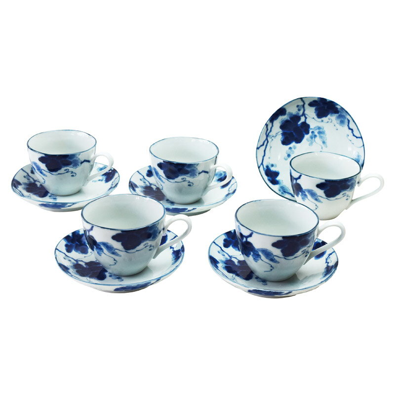 【最大2000円オフクーポン11日1:59迄】夏の贈り物お中元 藍染ぶどうコーヒー5客セット セット内容/碗（直径8.6×6.5cm）・皿（直径13.6×2.8cm）×各5