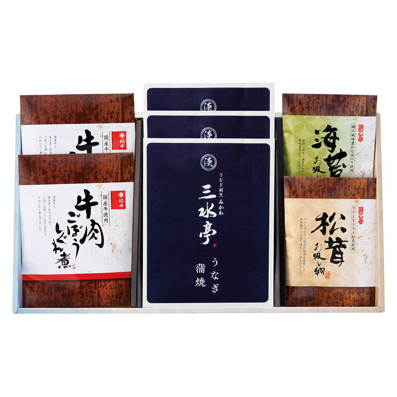 春の贈り物便り 三河一色産うなぎの蒲焼・柿安・お吸物セット セット内容/三水亭 三河一色産うなぎの蒲焼（半身）×3、柿安 牛肉ごぼうしぐれ煮（50g）×2、浜乙女 海苔お吸物（3.6g×2p）・浜乙女 松茸お吸物（3.4g×2p）×各1
