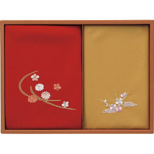 春の贈り物ギフト 刺繍入り二巾風呂敷&金封包み 洛北 赤/金茶 風呂敷：71×70cm、金封包み：38×37cm