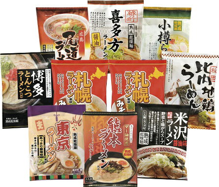 贈り物セット ご当地ラーメン味くらべ乾麺 10食入 札幌ラーメン味噌味×2、小樽ラーメン塩味・秋田比内地鶏ラーメン醤油味・尾道ラーメン醤油味・米沢ラーメン醤油味・喜多方ラーメン醤油味・東京ラーメン醤油味・博多ラーメン豚骨味・熊本ラーメン豚骨味×各1