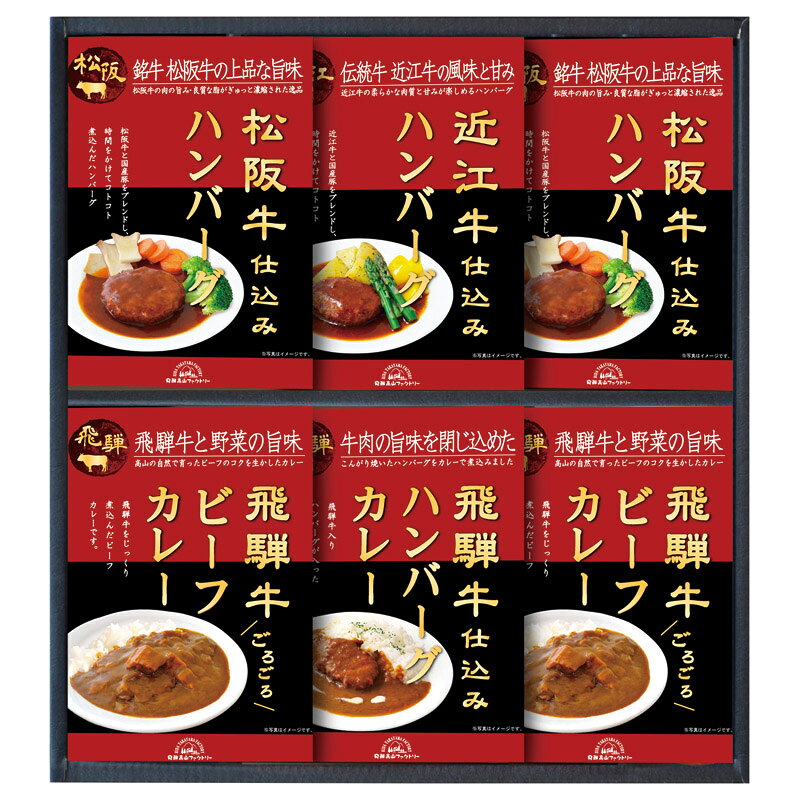 夏の贈り物お中元 松阪牛・近江牛・飛騨牛仕込みハンバーグ&カレー詰合せ 飛騨高山ファクトリー 飛騨牛ビーフカレー（190g）・松阪牛仕込みハンバーグ（150g）×各2、飛騨牛入りハンバーグカレー（190g）・近江牛仕込みハンバーグ（150g）×各1