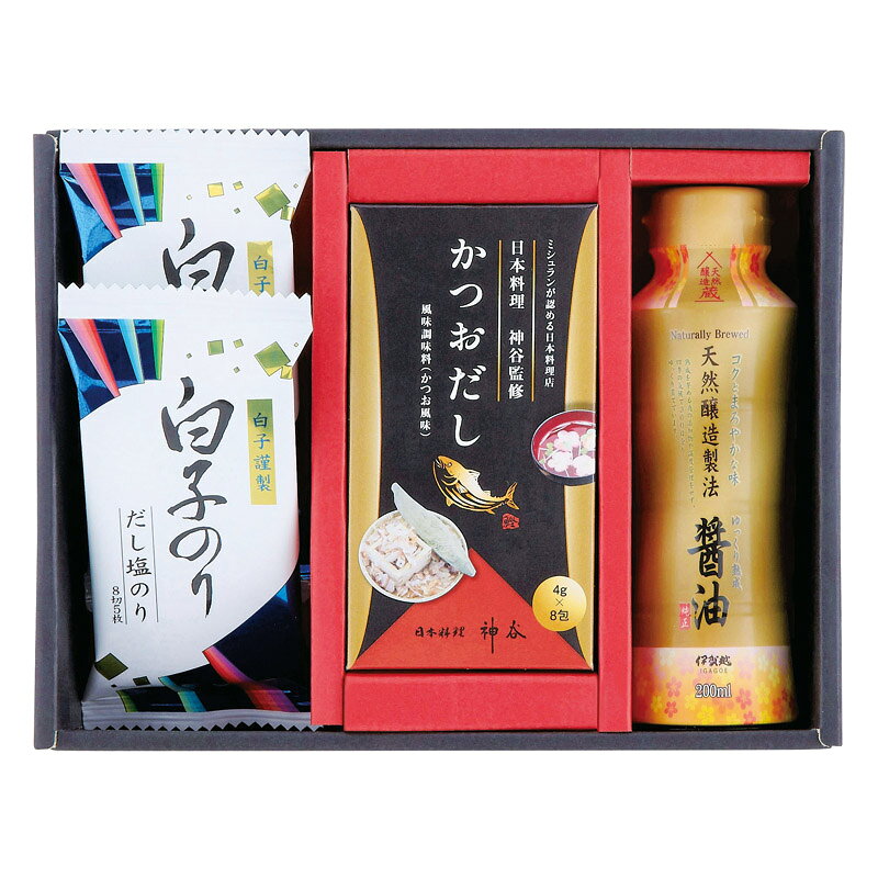 Rakuten - 【最大2000円オフクーポン11日1:59迄】夏の贈り物お中元 和の調味料詰合せ 白子だし塩のり（8切5枚） ×2、かつおだし（4g×8袋）・伊賀越 天然醸造醤油（200ml）×各1