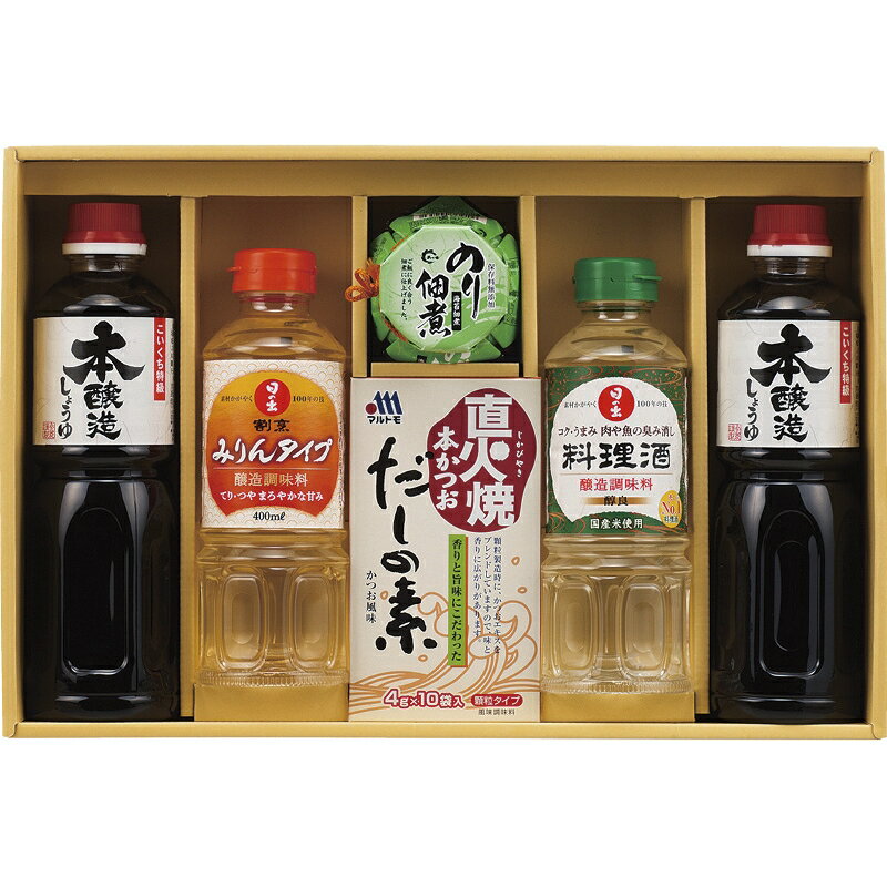 春夏の贈り物ギフト 佃煮＆調味料バラエティセット サンビシ本醸造しょうゆ（500ml）×2、日の出（料理酒・割烹みりんタイプ）（各400ml）・島乃香のり佃煮（80g）・マルトモ直火焼本かつおだしの素（4g×10袋入）×各1