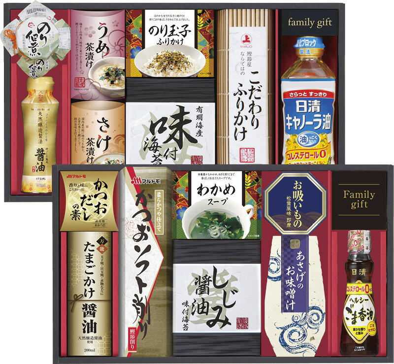 冬の贈り物お歳暮 日清オイリオ食卓詰合せ 日清キャノーラ油（400g）・伊賀越（天然醸造しょうゆ・たまごかけ醤油）（各200ml）・日清ヘルシーごま香油（130g）・島の香のり佃煮（80g）・永谷園あさげのおみそ汁（8.4g×2袋）・こだわりふりかけ（6g×3袋）・わかめ