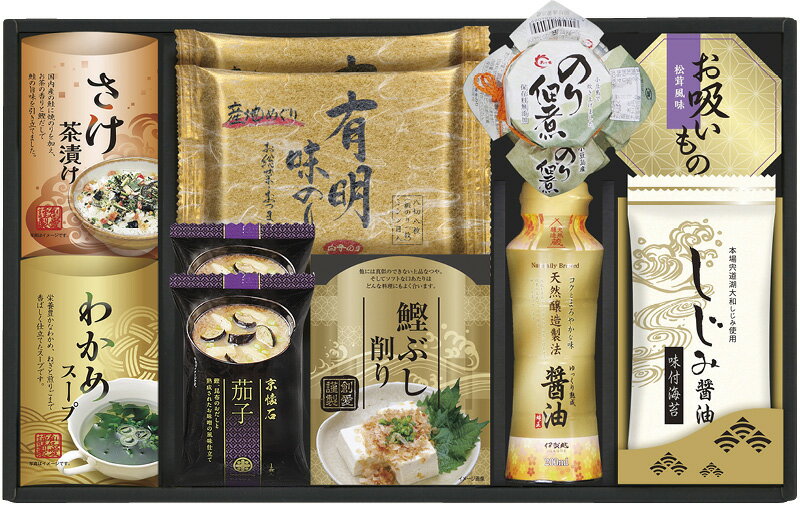 冬の贈り物お歳暮 白子のり＆マルコメ和風詰合せ 白子有明味のり・しじみ醤油味付海苔（各8切8枚）・マルコメ京懐石茄子のおみそ汁（11.5g）×各2、伊賀越天然醸造しょうゆ（200ml）・島の香のり佃煮（80g）・わかめスープ（5.3g×2袋）・さけ茶漬け（4.7g×2袋）